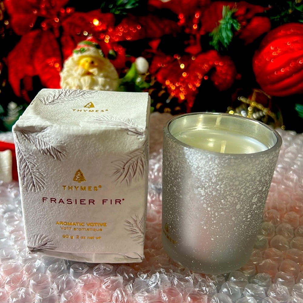 Thymes Frasier Fir Flocked Jar Candles – Scented Candles for Home with Notes